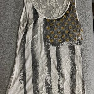 Gold Star Accent Black & White Lace-Back Tank Top